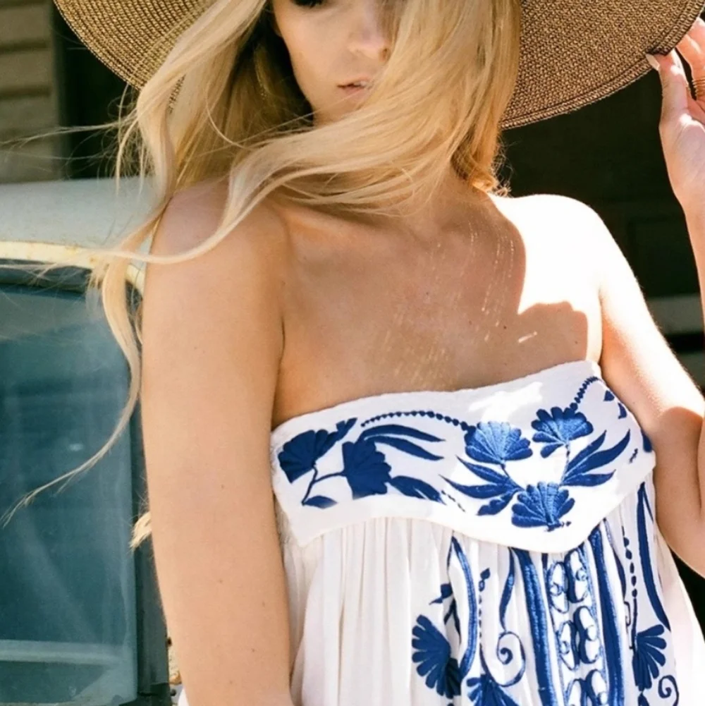 Chic White and Blue Strapless Maxi Dress - Picture 14 of 16